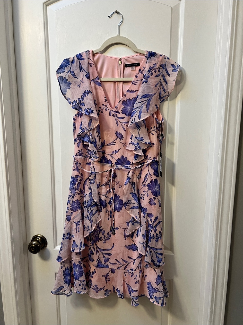 Tommy Hilfiger Pink & Blue Floral Ruffle V-Neck Dress